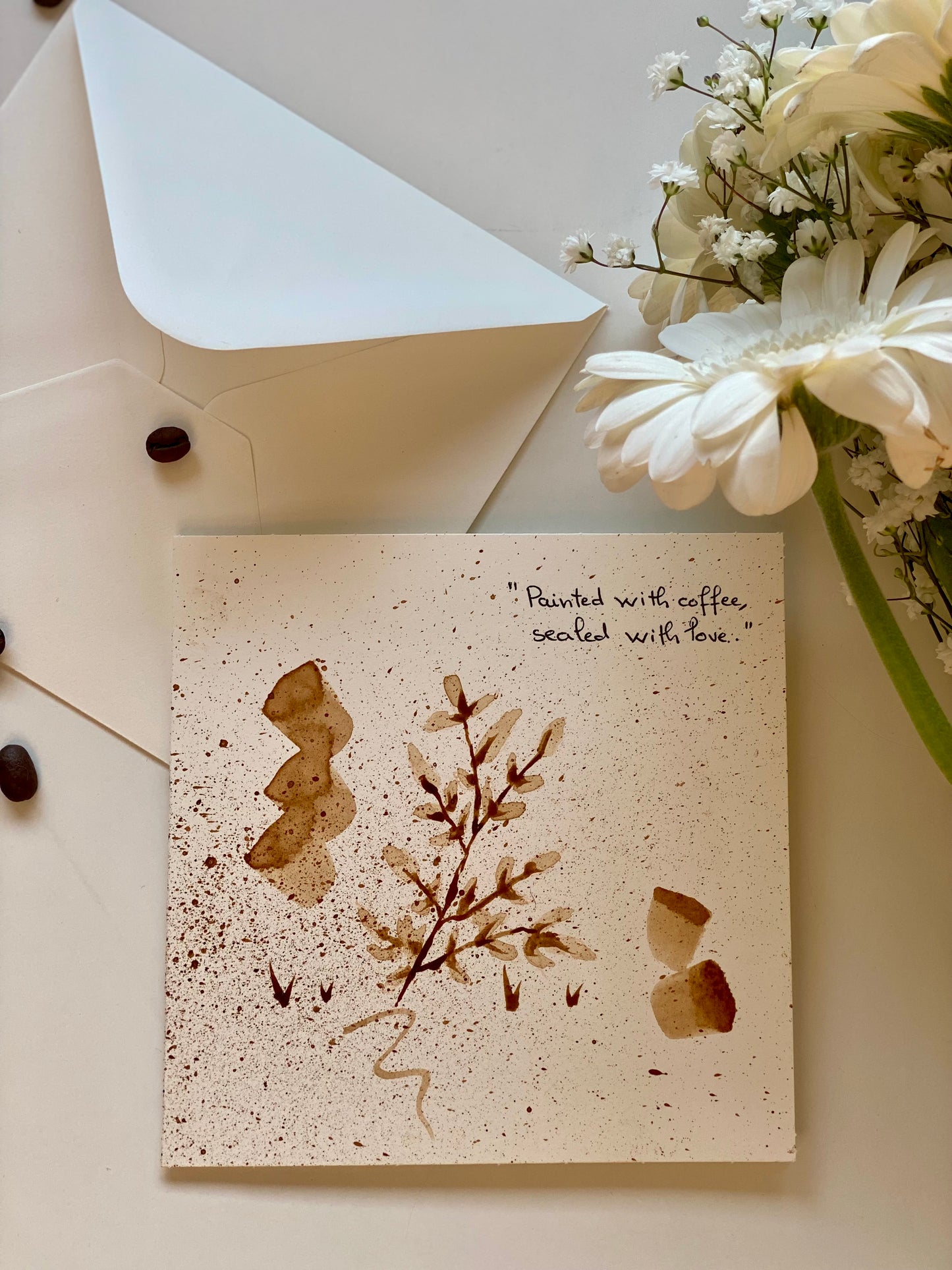 🎁 Carte illustrée – Peinture au café | 13,5 cm x 13,5 cm