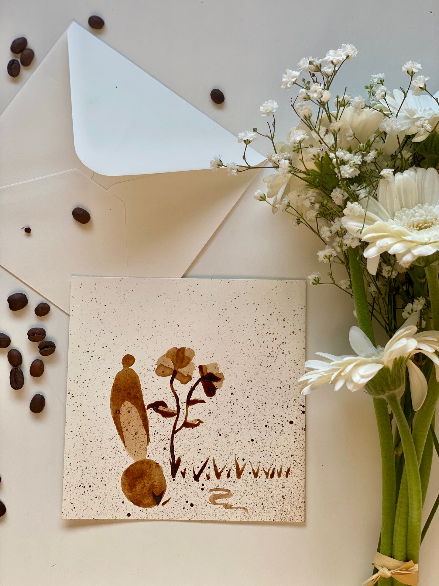 🎁 Carte illustrée – Peinture au café | 13,5 cm x 13,5 cm