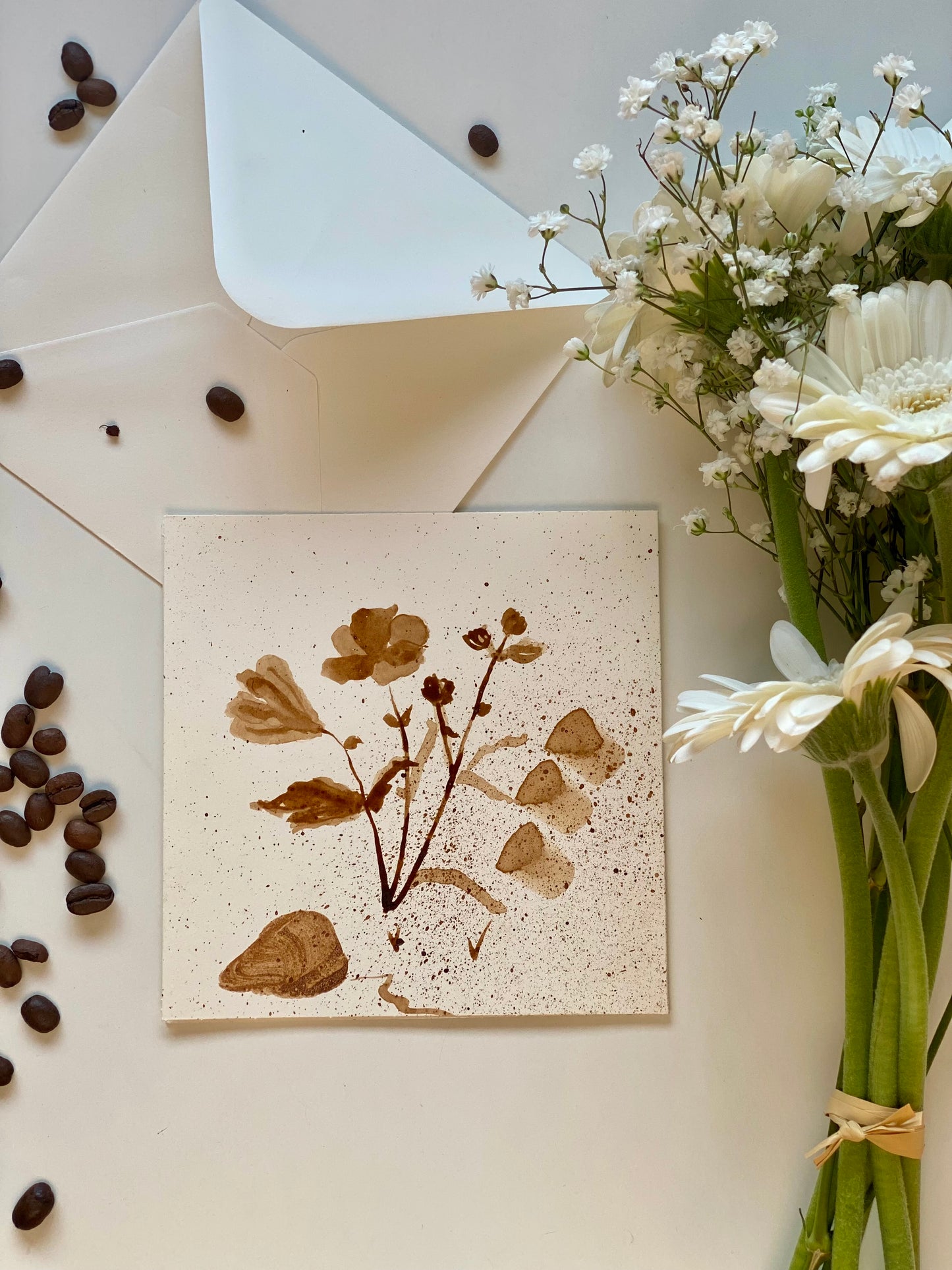 🎁 Carte illustrée – Peinture au café | 13,5 cm x 13,5 cm